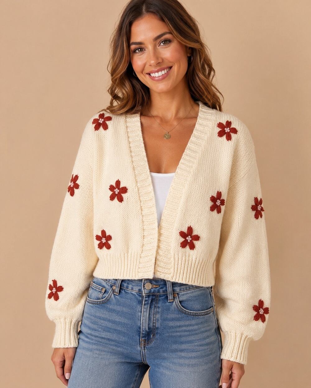 Dreamers by Debut Floral Embroidered Cropped Cardigan Sweater Cream S/M Cottage